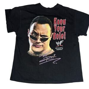 WWF vintage Y2K The Rock T Shirt Tee Double Sided Know Your Role Bull youth XL